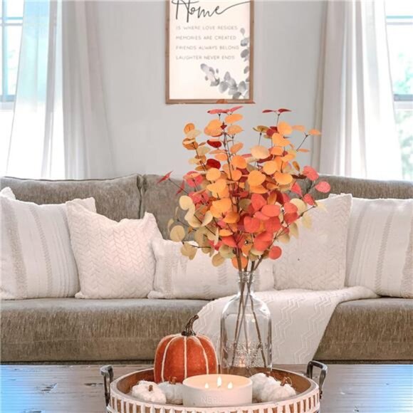 Fall Eucalyptus Stems Decor, 5Pcs 24" Faux Eucalyptus Branches Artificial Autumn - Picture 4 of 7